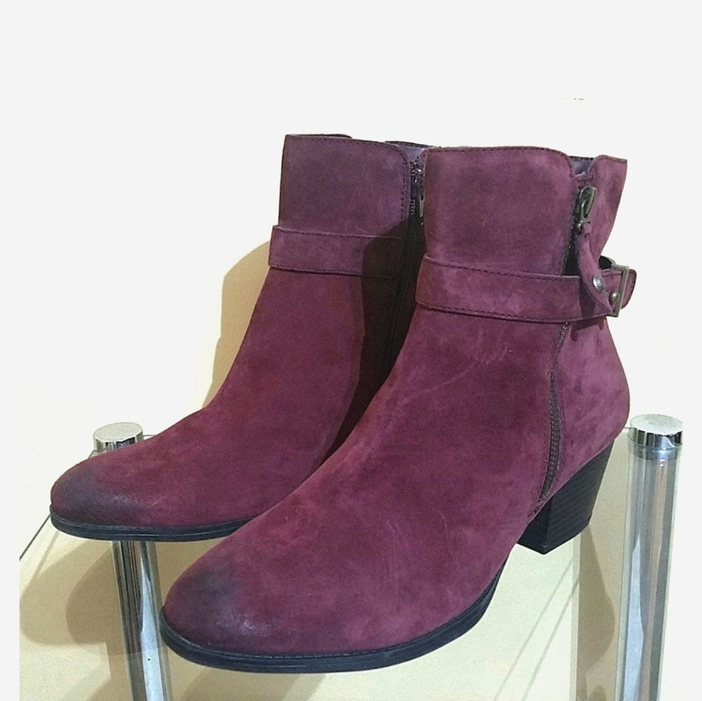 Women's Burgundy Suede Ankle Boots - Classic Zip & Buckle
